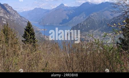 Aerial view of lake Idro near Garda in Italy. Beautiful summer landscape with lake between mountains in rural Italy. Stock Photo