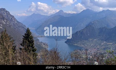 Aerial view of lake Idro near Garda in Italy. Beautiful summer landscape with lake between mountains in rural Italy. Stock Photo