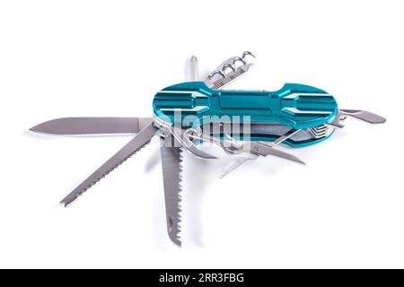 A multifunction folding knives isolated on white background. Multipurpose knife Stock Photo