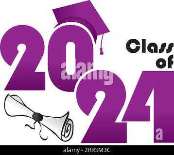 Purple Class of 2024 with diploma and hat stacked Stock Vector