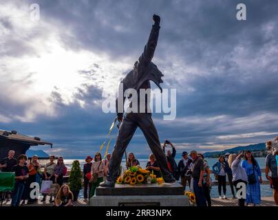 Rock icon Freddy Mercury's statue during a birthday celebration event in on the shores of Lake Geneva, Montreux, Canton of Vaud, Switzerland Stock Photo