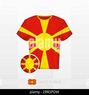 Football uniform of national team of North Macedonia with football ball with flag of North Macedonia. Soccer jersey and soccerball with flag. Vector t Stock Vector