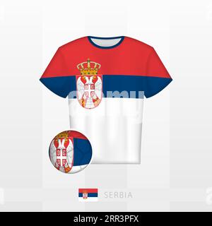 Football uniform of national team of Serbia with football ball with flag of Serbia. Soccer jersey and soccerball with flag. Vector template. Stock Vector