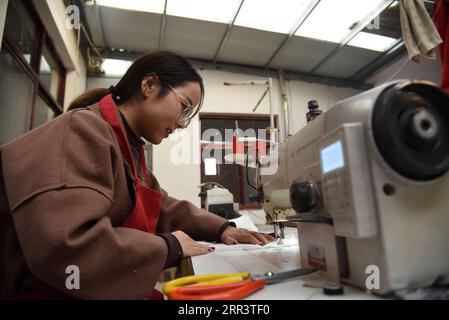 201111 -- HEZE, Nov. 11, 2020 -- Sun Yan, an online clothes store owner, sews a costume she designed in the style of the traditional clothing of the Han ethnic group that is generally called Hanfu in Sunzhuang Village in Caoxian County of Heze City, east China s Shandong Province, Nov. 10, 2020. Sunzhuang Village thrives on e-commerce business. Among some 760 households in the village, more than 560 run online clothes stores on Taobao.com, Alibaba s main e-commerce site. The village s sales volume of costumes exceeded 200 million yuan about 30.22 million U.S. dollars in 2019.  CHINA-SHANDONG-H Stock Photo