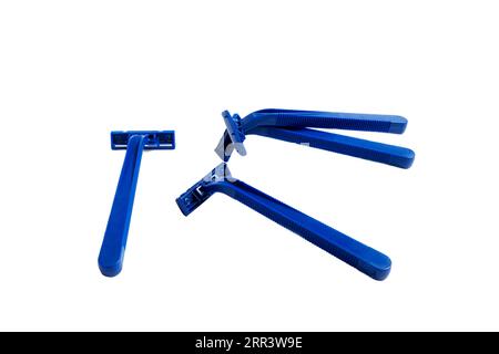 Non-permanent blue plastic shaving machine isolated on white background Stock Photo