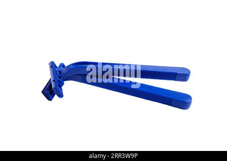 Non-permanent blue plastic shaving machine isolated on white background Stock Photo