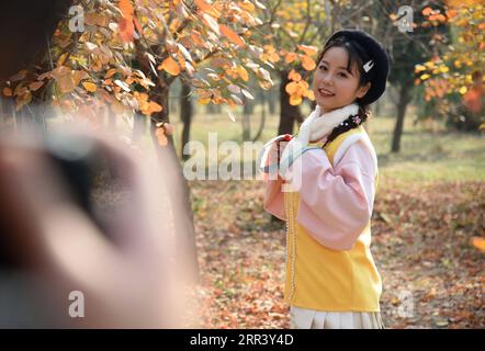 201114 -- HEZE, Nov. 14, 2020 -- Sun Yan, an online clothes store owner, poses for photos with the costume she designed in the fusion of the traditional clothing of the Han ethnic group that is generally called Hanfu, in Sunzhuang Village in Caoxian County of Heze City, east China s Shandong Province, Nov. 10, 2020. Sunzhuang Village thrives on e-commerce business. Among some 760 households in the village, more than 560 run online clothes stores on Taobao.com, Alibaba s main e-commerce site. The village s sales volume of costumes exceeded 200 million yuan about 30.22 million U.S. dollars in 20 Stock Photo