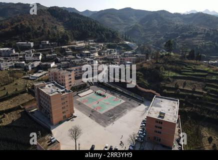 201114 -- KUNMING, Nov. 14, 2020 -- Aerial photo taken on Nov. 11, 2020 shows a school covering primary and secondary education at Yandongjiao Village of Zhenxiong County, southwest China s Yunnan Province. TO GO WITH XINHUA HEADLINES OF NOV. 14, 2020 Photo by Wang Guansen/Xinhua CHINA-YUNNAN-POVERTY ELIMINATION CN HuxChao PUBLICATIONxNOTxINxCHN Stock Photo