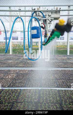 201116 -- HUZHOU, Nov. 16, 2020 -- Photo taken on Nov. 16, 2020 shows an automatic sprinkler irrigation device working at a planting base in Nanxun District of Huzhou City, east China s Zhejiang Province. Nanxun District has a long history of agricultural production. In recent years, local authorities have advanced the industrial transformation and development in rural areas through a series of measures, including the application of digital facilities in agriculture, rural tourism promotion and establishment of e-commerce platforms. Photo by /Xinhua CHINA-ZHEJIANG-HUZHOU-RURAL DEVELOPMENT CN J Stock Photo