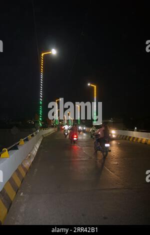 Rajkot, India. 6th September, 2023. Portrait of Morbi Road Bridge Decorated in Celebration of Krishna Janmashtami, less Traffic on the Bridge. Credit: Nasirkhan Davi/Alamy Live News Stock Photo