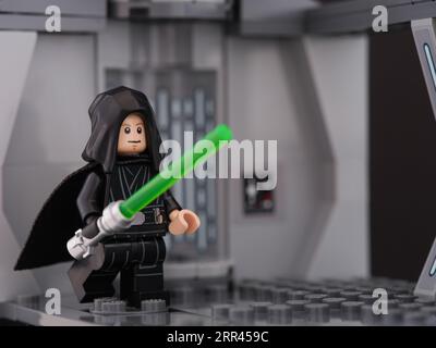 Tambov, Russian Federation - August 18, 2023 A Lego Luke Skywalker minifigure holding a lego lightsaber Stock Photo