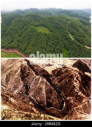 201124 -- GUIYANG, Nov. 24, 2020 -- In this combo photo, the upper part taken by on July 25, 2019 shows the aerial view of the slopes of Haique Village and the lower file photo shows the slope of Haique Village with rocky desertification in 1980s, in Hezhang County, southwest China s Guizhou Province. China has achieved the feat of removing all remaining counties from the country s poverty list. The last nine impoverished counties, all in southwest China s Guizhou Province, have eliminated absolute poverty, the provincial government announced on Monday. This means that all 832 registered poor Stock Photo