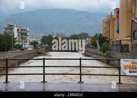 climate change, disaster from a storm, flooding of the Krausidon river in Volos, 9-6-2023, Volos, Magnesia, Greece. Stock Photo