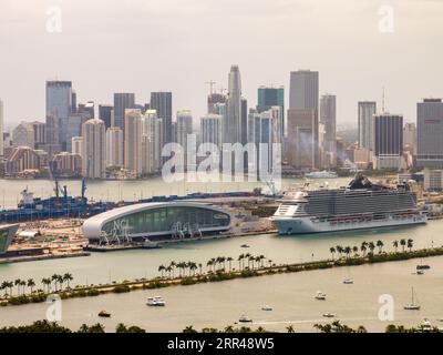 Miami Beach, FL, USA - September 3, 2023: Aerial photo Norwegian Cruise Line terminal at Port Miami Stock Photo