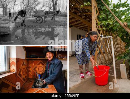 201126 -- BEIJING, Nov. 26, 2020  -- TOP LEFT: A farmer gets water from an artificial water storage pool in Cele County of Hotan Prefecture, northwest China s Xinjiang Uygur Autonomous Region in the 1990s. File photo taken by Shen Qiao BOTTOM LEFT: Abdukerem Turdi, a villager from an officially registered poor household, shows home access to tap water in Qushou Village of Moyu County, Hotan Prefecture, northwest China s Xinjiang Uygur Autonomous Region, Nov. 21, 2019. Photo taken by Zhao Ge RIGHT: A local villager collects tap water diverted from an improved water conservancy project in Jambaz Stock Photo