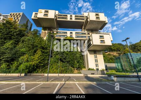 The former administrative building of the Ministry of Road Construction in Tbilisi is one of the most important buildings of socialist modernism in Georgia. After reconstruction, it now houses the headquarters of the Bank of Georgia Stock Photo