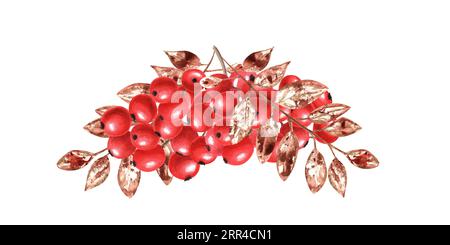 Bunch of ripe rowan berries with dried leaves. Autumn watercolor illustration with rowanberry. Sorbus aucuparia, mountain-ash, quick beam. Stock Photo