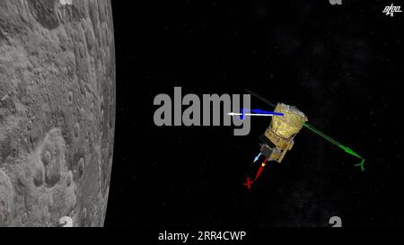 201129 -- BEIJING, Nov. 29, 2020  -- This image from video animation is provided by the Beijing Aerospace Control Center BACC. China s Chang e-5 probe performed braking for the second time at 20:23 p.m. Sunday Beijing Time, according to the China National Space Administration CNSA. After the deceleration, the probe started flying in a near circular orbit from an elliptical path around the moon, said the CNSA. BACC/Handout via  EyesonSciCHINA-CHANG E-5 PROBE-DECELERATION CN Xinhua PUBLICATIONxNOTxINxCHN Stock Photo