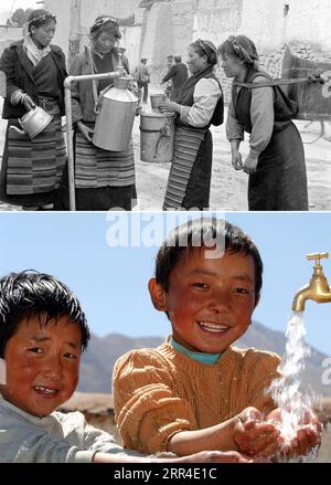 201201 -- LHASA, Dec. 1, 2020  -- In this combo photo, the upper part shows residents fetching tap water in Gyangze Township of southwest China s Tibet Autonomous Region. Local people used to collect water from sources far away until a small tap water plant was established during the 1980s in the township to provide safe drinking water. The lower part shows children washing up with tap water in Dagze County now Dagze District of Lhasa City, capital of the Tibet Autonomous Region. From 2016 to 2020, Tibet Autonomous Region invested 4.3 billion yuan about 657 million U.S. dollars in drinking wat Stock Photo