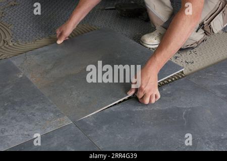 A Tiler laid floor tile Stock Photo