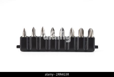 Metal screwdriver bit set for screwdriver. tool set for household and handyman use isolated on white background. Stock Photo