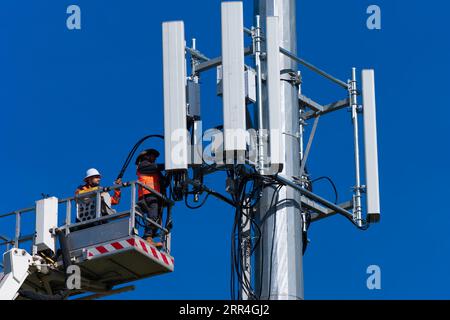 Cell phone tower technician and worker undertake repairs on a cell tower cluster in Victoria, Australia, with a blue sky background. Stock Photo