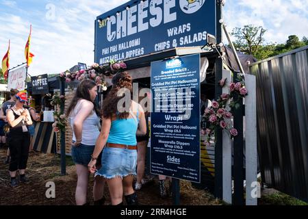 People queue for festival fast food at the food stalls at Green Man Festival, Brecon, Wales, UK, 2023. Photo: Rob  Watkins Stock Photo