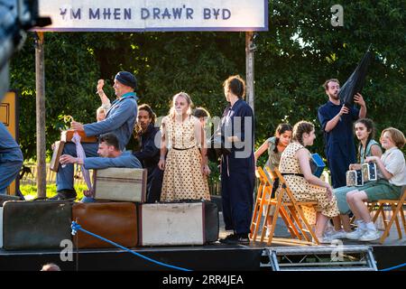 Train scene from Danceblast perform Day Dream Supreme on the Back of Beyond Stage at Green Man Festival, Brecon, Wales, UK, 2023. Photo: Rob Watkins Stock Photo