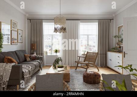 Scandinavian interior of modern apartment with trendy wood furniture, poster frames, ethnic decor and elegent accessories Stock Photo