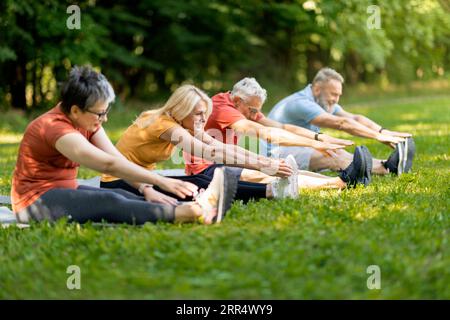 Active Lifestyle. Group Of Sporty Senior People Exercising Together Outdoors Stock Photo