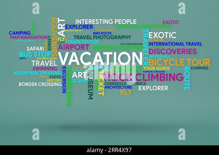Word cloud on the theme of vacation. Holiday themed words in different colors and different sizes, a cloud of letters on a blue background casts a Stock Photo