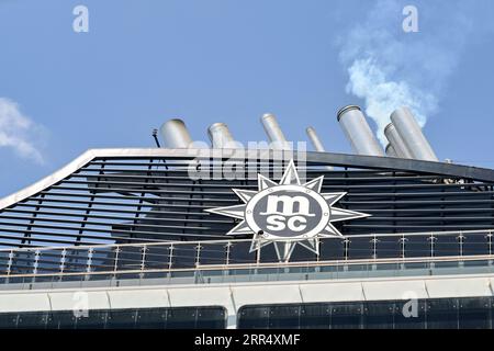 Valletta, Malta - 6 August 2023: Funnel of a large cruise ship operated by MSC Cruises Stock Photo