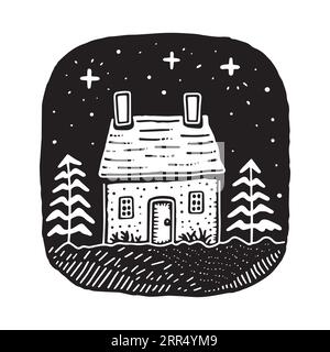 Quirky rural cabin holiday home vector illustration. Block print real estate graphic for scandi winter scene doodle, whimsy minimal stylized domestic Stock Vector