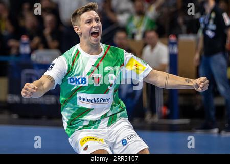 Berlin, Germany. 06th Sep, 2023. Handball: Bundesliga, Füchse Berlin - SC Magdeburg, Matchday 3, Max-Schmeling-Halle. Berlin's Jerry Tollbring cheers after a finish. Credit: Andreas Gora/dpa/Alamy Live News Stock Photo