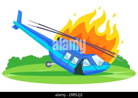 helicopter crash on the ground. burning technology. flat vector illustration. Stock Vector