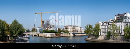 View of the scaffoldings and of the reconstruction and restoration works at Notre-Dame Cathedral in Paris after its destruction by a fire in 2019 Stock Photo