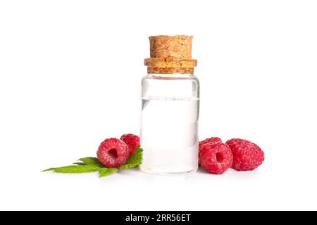 Bottle of cosmetic raspberry oil on white background, closeup Stock ...