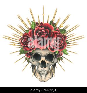 Human skull with red flowers rose in a golden crown with thorns, rays. Hand drawn watercolor illustration for day of the dead, halloween, Dia de los Stock Photo