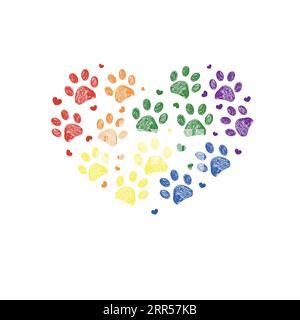 Rainbow colored paw prints with hearts Stock Vector