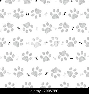 Grey doodle paw prints with bones pattern. Seamless fabric design pattern Stock Vector