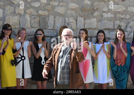 201229 -- BEIJING, Dec. 29, 2020 -- File photo dated July 9, 2016 shows fashion designer Pierre Cardin front during a fashion show in Lacoste, southern France. Pierre Cardin, the French fashion designer famous for his avant-garde style and pioneering business moves across the world, has died at the age of 98, French media reported on Tuesday.  FRANCE-FASHION-PIERRE CARDIN-PASS AWAY LixGenxing PUBLICATIONxNOTxINxCHN Stock Photo