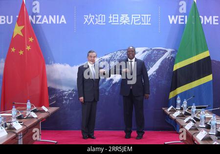 210108 -- CHATO TANZANIA, Jan. 8, 2021 -- Visiting Chinese State Councilor and Foreign Minister Wang Yi L meets with Tanzanian Minister of Foreign Affairs and East African Cooperation Palamagamba Kabudi in Chato, Tanzania, on Jan. 8, 2021.  TANZANIA-CHATO-FM-CHINA-WANG YI-MEETING LongxLei PUBLICATIONxNOTxINxCHN Stock Photo