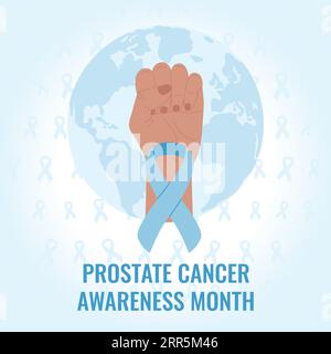 Prostate Cancer Awareness Month. Light blue cancer ribbon on raised fist on world map and bows background. Cancer prevention and men health care suppo Stock Vector