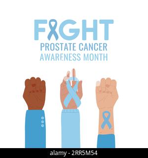 Prostate Cancer Awareness Month. Light blue cancer ribbon on raised fists. Fight phrase. Cancer prevention and men health care support hand drawn vect Stock Vector