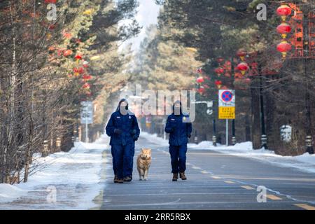 210114 -- MOHE, Jan. 14, 2021 -- Firefighters exercise in Beiji Village of Mohe City, northeast China s Heilongjiang Province, Jan. 13, 2021. Firefighters stick to their post and keep training despite the freezing weather in Mohe, the northernmost city in China, where the temperature is often below minus 40 degrees Celsius in winter.  CHINA-HEILONGJIANG-MOHE-WINTER-FIRE FIGHTERSCN XiexJianfei PUBLICATIONxNOTxINxCHN Stock Photo