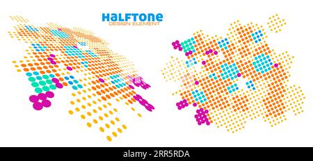 Halftone design element with orange, selective yellow, cerulean, red violet and robin egg blue dots. Simple vector graphics Stock Vector