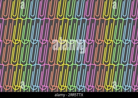 Endless pattern of bright colorful paper clips on a dark backdrop. Administrative Professionals Day. Office and school stationery. Design for poster, banner, greetings or invitations, price tag, label Stock Vector