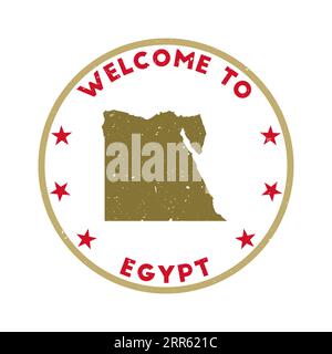 Welcome to Egypt stamp. Grunge country round stamp with texture in Super Rose Red color theme. Vintage style geometric Egypt seal. Stock Vector