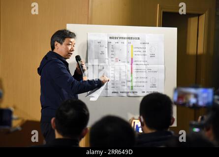 210125 -- QIXIA, Jan. 25, 2021 -- Chen Yumin, head of the rescue team of the gold mine explosion accident, speaks during a press conference in Qixia City, east China s Shandong Province, on Jan. 25, 2021. Rescuers have retrieved the bodies of 10 miners trapped underground following a gold mine blast in east China s Shandong Province. A total of 22 miners were trapped underground due to the mine blast on Jan. 10 in Qixia, under the city of Yantai. Eleven miners were rescued on Sunday after being trapped for two weeks, and one remains missing, according to a press briefing on Monday.  SPOT NEWSC Stock Photo