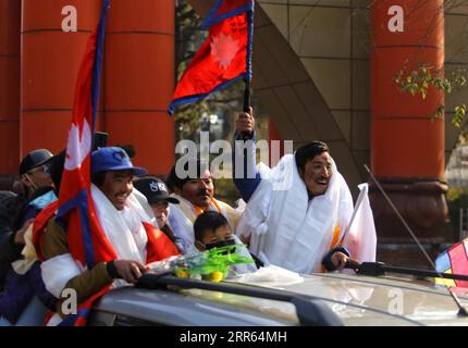 210126 -- KATHMANDU, Jan. 26, 2021 -- A team of Nepalese climbers who recently became the first to scale the summit of K2 in winter are received when they arrive in Kathmandu, Nepal, Jan. 26. 2021. An expedition team from Nepal scaled K2, the second highest peak of the world, for the first time in winter on Jan. 16. Photo by /Xinhua NEPAL-KATHMANDU-MOUNTAIN CLIMBERS-K2 SUMMIT-WELCOME SulavxShrestha PUBLICATIONxNOTxINxCHN Stock Photo